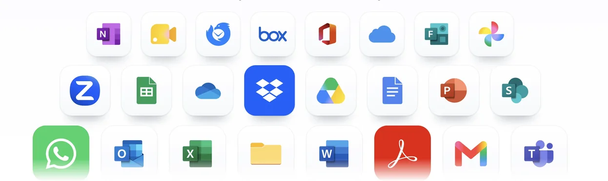 Iconos de Word, Excel, Outlook, PDF, carpetas, Teams, OneDrive y otras aplicaciones con las que trabaja un despacho
